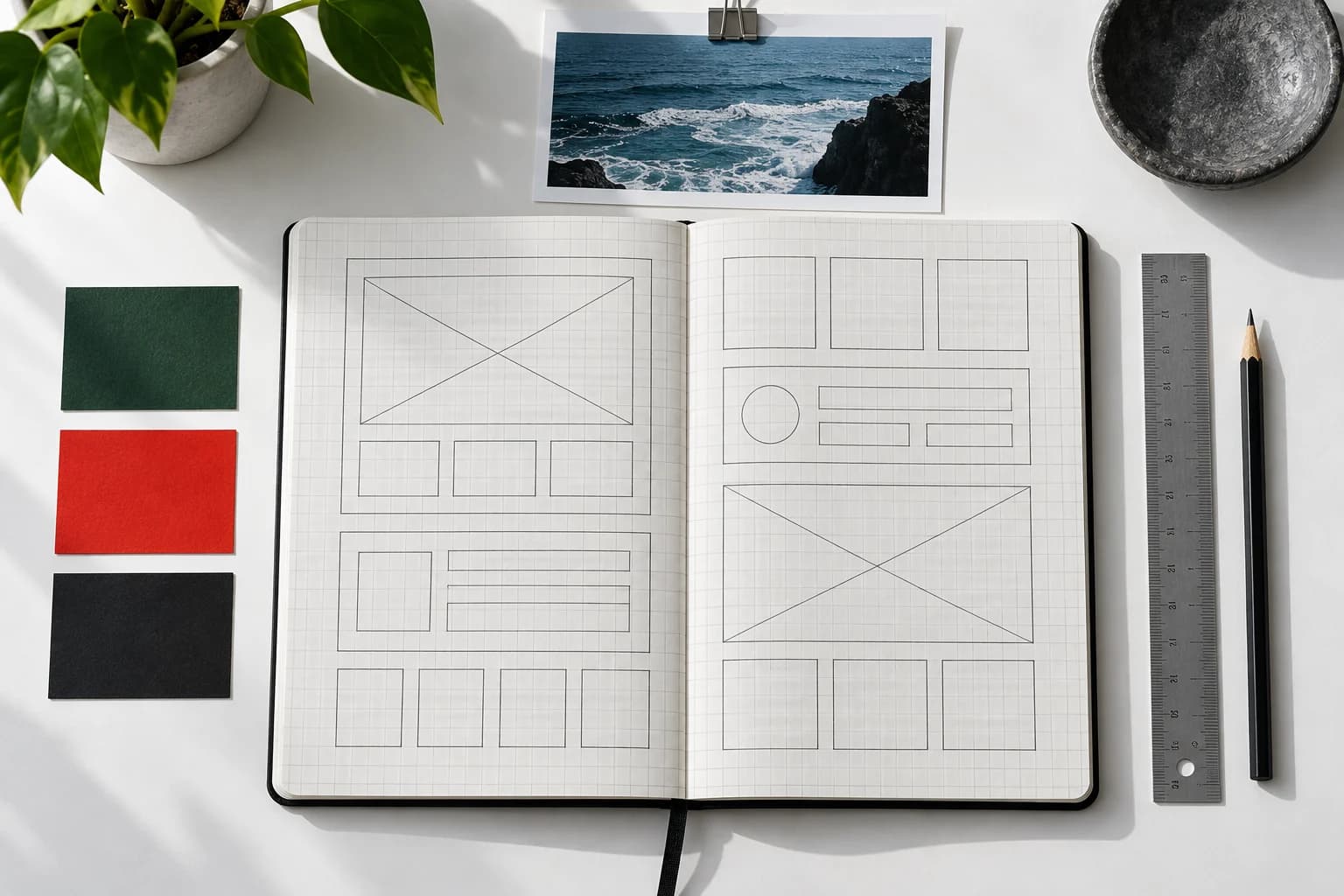 An open design notebook and color swatches