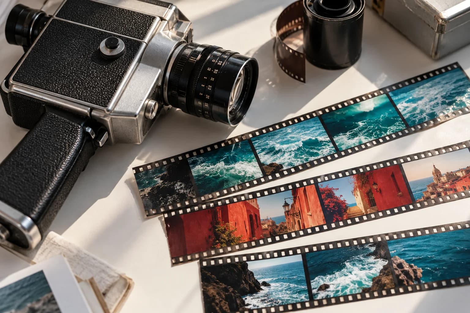 A cinema camera and film strips