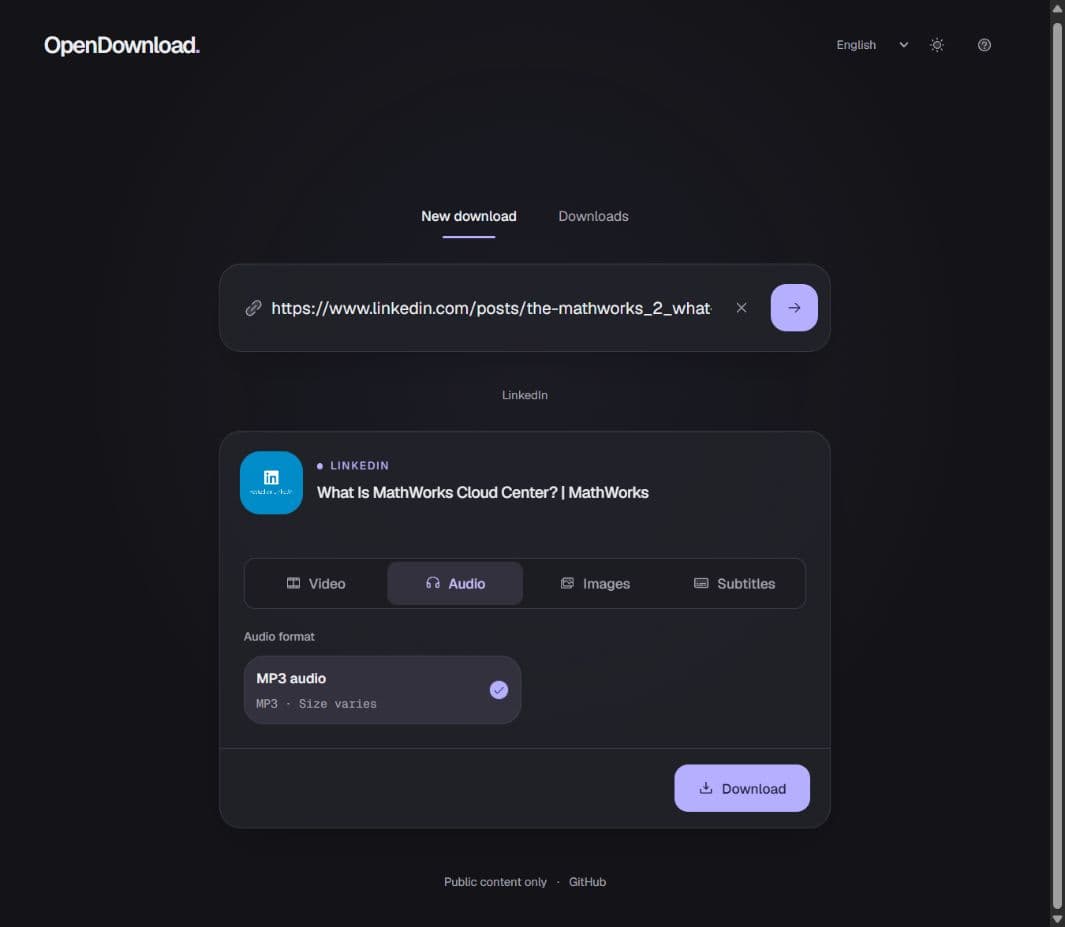 Real audio format selection for a public LinkedIn video in OpenDownload